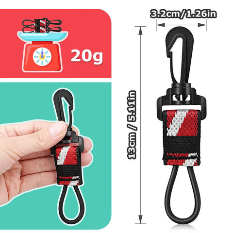 Two Pack Scuba Octopus Holder For Regulators With Elastic Loop And 360 Swivel Clip shown with dimensions and weight