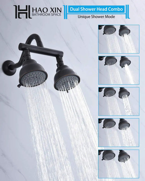 Dual Shower Head System With Shut Off Valve And Shower Arm Twin High Pressure Five Function Sprayers In Oil Rubbed Bronze