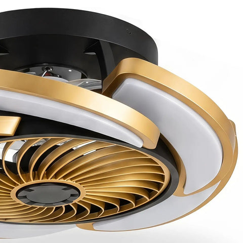 17-Inch Bladeless Ceiling Fan Light, Remote, 6-Speed, Low Profile, Gold with intricate enclosed blade design.