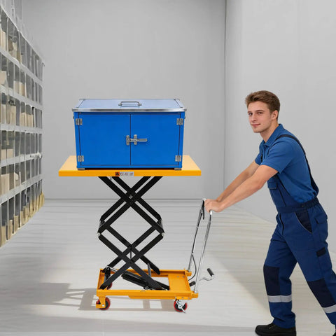 Rock Solid Double Scissor Hydraulic Lift Table Cart 770 Lbs Capacity 51 Inch Lift Height used by worker with blue box in warehouse.