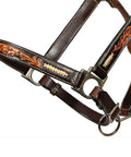 Top Shelf Western Horse Halter Made From Slick Dark Chocolate Leather With Rawhide Braided Lacing Plus Boss Rigged Stainless Steel Hardware And A Quick Adjust Chin Strap For Slick Rides, showcasing intricate floral designs.