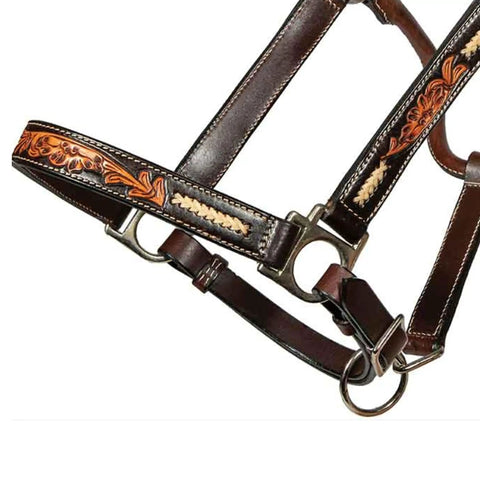 Top Shelf Western Horse Halter Made From Slick Dark Chocolate Leather With Rawhide Braided Lacing Plus Boss Rigged Stainless Steel Hardware And A Quick Adjust Chin Strap For Slick Rides, showcasing intricate floral designs.