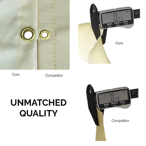 Comparison of 6 Foot By 8 Foot Fiberglass Welding Blanket With Brass Grommets and competitor, highlighting unmatched quality with thickness measurement.