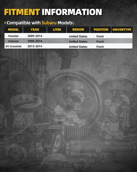 Fitment information chart for Subaru models Forester 2009-2014, Impreza 2008-2014, XV Crosstrek 2013-2014.