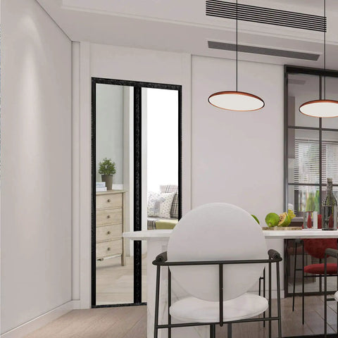 Modern room with Transparent Magnetic Insulated Curtain for Screen Door in doorway, self-closing, 36x82 inches, hands free.