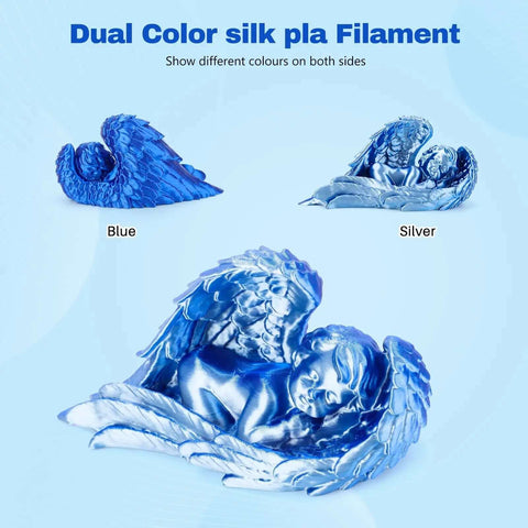 Dope Silk PLA Filament 1.75mm Blue Silver Dual Color Coextrusion angel statue, showcasing glossy surface and dual-tone effect