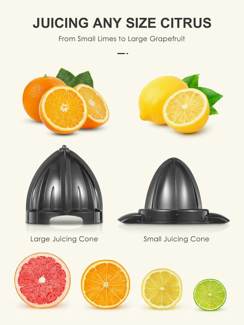 Ditch the Squeeze Work! This Electric Citrus Juicer Boasts A Powerful Motor And Two Interchangeable Cones for juicing oranges, lemons, and limes.