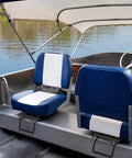 Heavy Duty Adjustable Clamp Boat Seat Mount With 360 Degree Swivel Rotation Fits Marine Bench Seats Nine To Nineteen Inches on a boat.