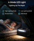 Portable Power Station 300W With 600W Surge nighttime tent lighting with 4-mode LED, camping family scene