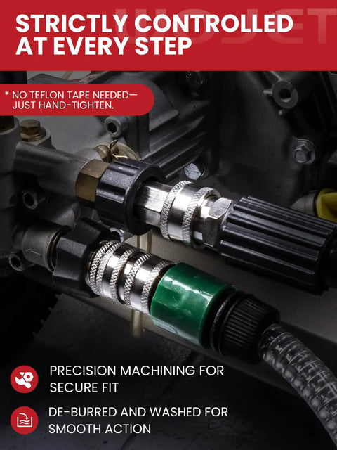 Pressure Washer Quick Connect Kit Universal M22 14mm To 3/8 Inch Fittings connected to a hose, close-up view