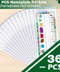 36 Piece Set Of Upgraded Clear Self Adhesive Nameplate Pockets 15.3 By 4.5 Inch Desk Name Tags shown in fan layout