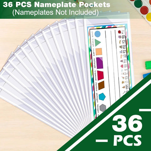 36 Piece Set Of Upgraded Clear Self Adhesive Nameplate Pockets 15.3 By 4.5 Inch Desk Name Tags shown in fan layout
