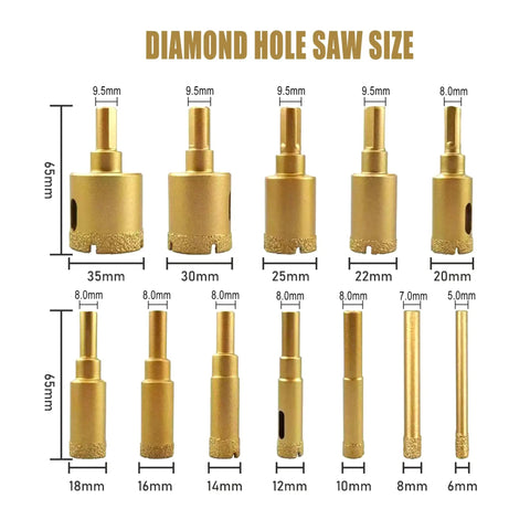 12 Piece Diamond Hole Saw Set 6mm To 35mm Wet Dry Core Drill Bits For Tile Porcelain Marble Glass And Granite With Durable Case Pro Grade Multi Size Kit For Precision Cutting displayed by size.