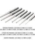 11 Piece Punch And Chisel Set For Metalworking Pro Grade Tools Made From Heat Treated Alloy Steel with punch sizes listed