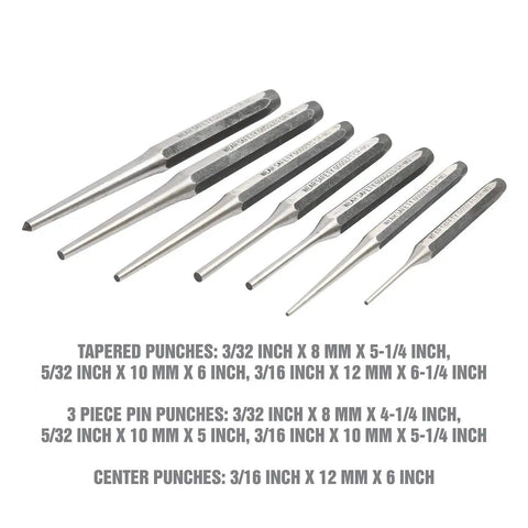 11 Piece Punch And Chisel Set For Metalworking Pro Grade Tools Made From Heat Treated Alloy Steel with punch sizes listed