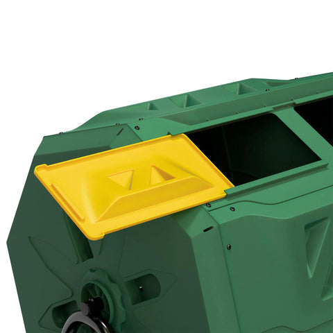 43 Gallon Dual Chamber Compost Tumbler For Easy Outdoor Garden Composting With Sliding Door Rotating Bin Tumbling Composter In Green Durable UV Protected Plastic Drum Built To Last In Any Weather, side view showing drum and yellow sliding door.