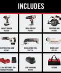 Image of Badass 20V Max Six Tool Cordless Combo Kit Featuring Heavy Duty Drill Driver Impact Driver Circular Saw Reciprocating Saw Oscillating Tool And Quick Charger showcasing included tools and accessories.