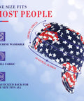 Three Pack 100 Percent Cotton Welding Cap For Men With Mesh Liner Sweat Wicking Breathable And Flame Resistant Welders Cap With Elastic Back Built For All Day Comfort, featuring American flag pattern and labeled dimensions for size fit.