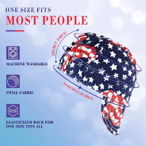 Three Pack 100 Percent Cotton Welding Cap For Men With Mesh Liner Sweat Wicking Breathable And Flame Resistant Welders Cap With Elastic Back Built For All Day Comfort, featuring American flag pattern and labeled dimensions for size fit.