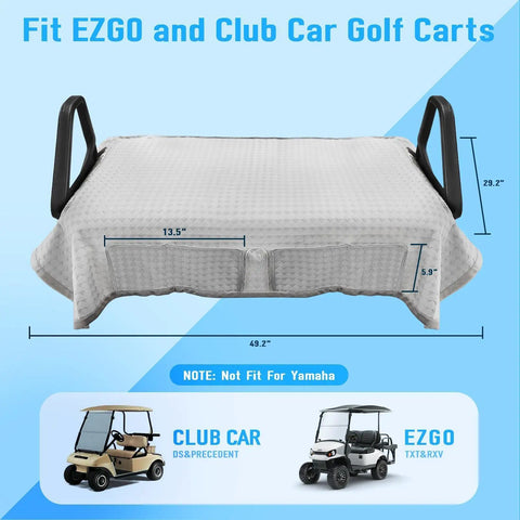 Cooling Butter Soft Ice Silk Golf Cart Seat Cover With Four Pockets Universal Fit For EZGO Yamaha Club Car dimensions displayed.