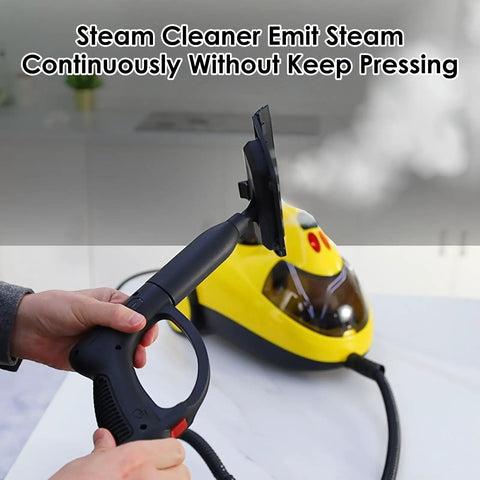 Hella Powerful 1500W Steam Cleaner With 36 Piece Attachment Kit And 1.5L Tank emitting continuous steam for deep cleaning.