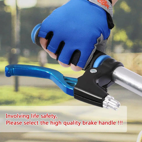 Cyclist gripping blue Lightweight Aluminum Bike Brake Levers Set For Road And Mountain Biking, Durable Alloy Brake Handles