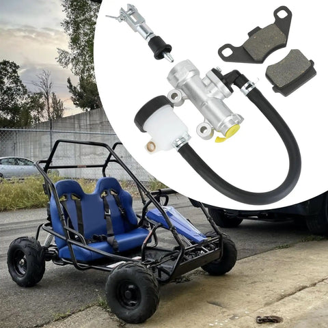 Beefed Up Brake Master Cylinder With Caliper Pads Assembly For 196cc Coleman KT196 Go Kart next to go-kart in outdoor setting