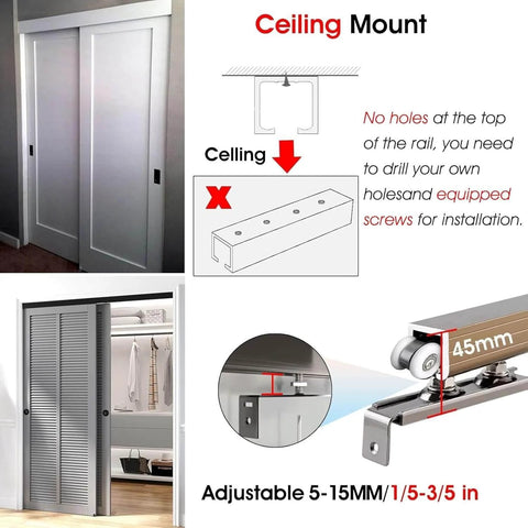 Double Bypass Sliding Closet Door Track Kit With Aluminum Box Rail And Pocket Door Hardware Easy To Cut 3mm Thick Rail