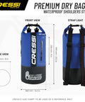 Front and side views of Cressi Premium 20L Black Waterproof Dry Bag for Outdoors, showcasing dimensions and shoulder strap.
