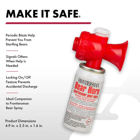 Frontiersman Bear Horn on white background with safety features and dimensions, companion to Frontiersman Max 9.2 oz Bear and Mountain Lion Deterrent