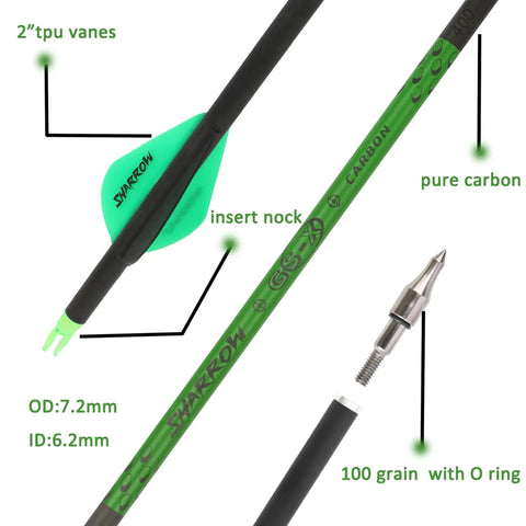 30 Inch Pure Carbon Arrows For Target Practice And Hunting With Removable Tips 100 Grain Points Fits Compound Recurve And Long Bow Green