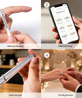 Steps for using the Pro Grade Ring Sizer Tool Set For Jewelry Making, Silvery Metal Ring Size Gauge Kit, showing measurement and ring selection.