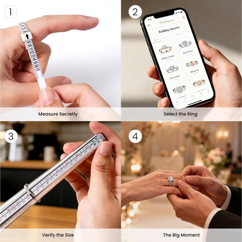 Steps for using the Pro Grade Ring Sizer Tool Set For Jewelry Making, Silvery Metal Ring Size Gauge Kit, showing measurement and ring selection.