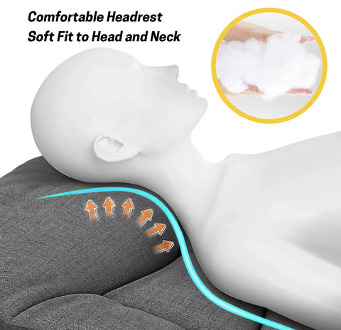 Comfy Built In Cushion Camping Cot with Pillow for Adults, showing ergonomic headrest and plush filling for neck support.