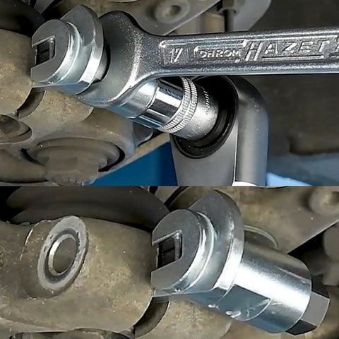 Suspension Strut Spreader Tool For Car Shocks And Wheel Bearings, 17mm Hex in use, prying open gap for quick repair.