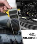Person holding Engine Oil Level Dipstick Gauge Replacement For Chrysler Pacifica 2007 2008, engine view, 4.0L V6