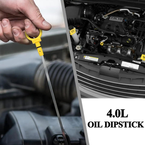 Person holding Engine Oil Level Dipstick Gauge Replacement For Chrysler Pacifica 2007 2008, engine view, 4.0L V6