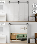 60 Inch Bi Folding Sliding Barn Door Hardware Track Kit With Side Mounted Black Rollers in closed and open view.