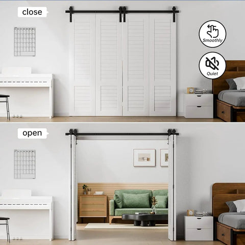 Heavy Duty 80 Inch Bi Folding Sliding Barn Door Hardware Track Kit With Silky Smooth Black Rollers For Quick Room Division, open and close views.