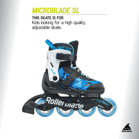 Microblade SL Kids Adjustable Inline Skates Four Size Range For Beginners Youth Fitness Skates In Black Sky Blue Great For Learning Balance And Control On The Rink