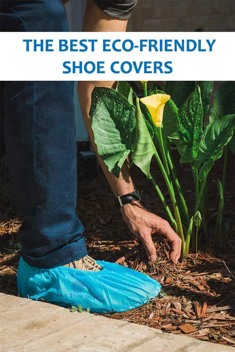 Person wearing Blue Disposable Boot Covers Premium Pack 100 Non Slip Shoe Protectors in garden setting, showcasing outdoor use.