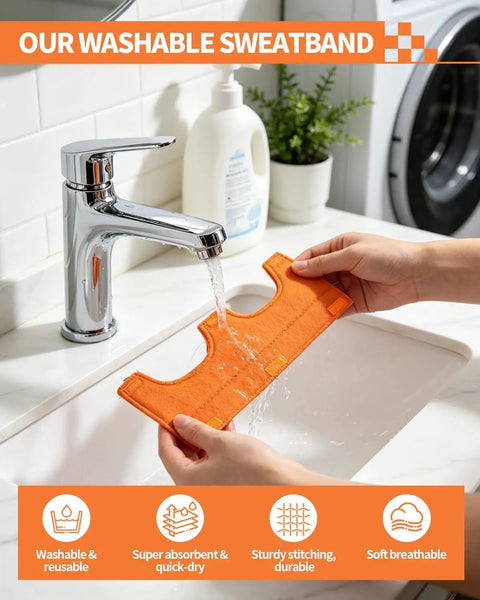 Washing orange 6 Pack All Season Flame Retardant Cotton Hard Hat Sweatbands under a tap, showing washable and reusable features.