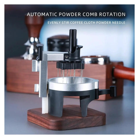 Real Talk This Rotating Espresso Coffee Distributor Hits Different With Twelve Precision Needles That Level The Bed Fast For Smooth Pulls And Zero Stress Brews, shown from the side with stainless steel and black design.