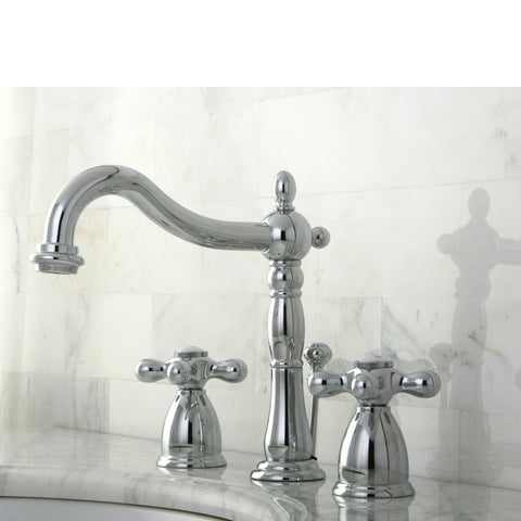 Heritage Widespread Lavatory Faucet With Adjustable 8 To 16 Inch Center, Polished Chrome, installed on marble sink