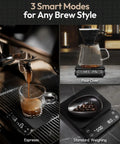 Barista Grade Coffee Scale With Timer 3Kg Capacity 0.1g Precision Rechargeable Digital Scale showing espresso pour, pour over, and beans