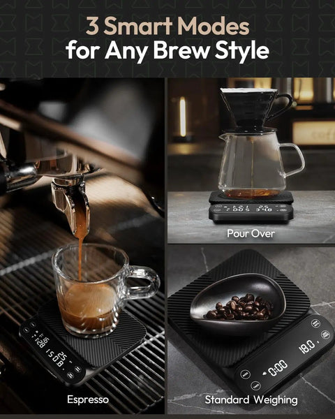 Barista Grade Coffee Scale With Timer 3Kg Capacity 0.1g Precision Rechargeable Digital Scale showing espresso pour, pour over, and beans