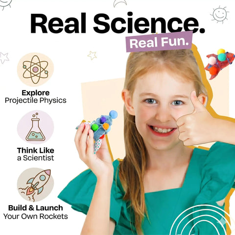 Child smiling with Rocket Launcher STEM Kit For 3D Pens Not Included Hands-On Physics And Engineering Projects For Kids Ages 8 To 12