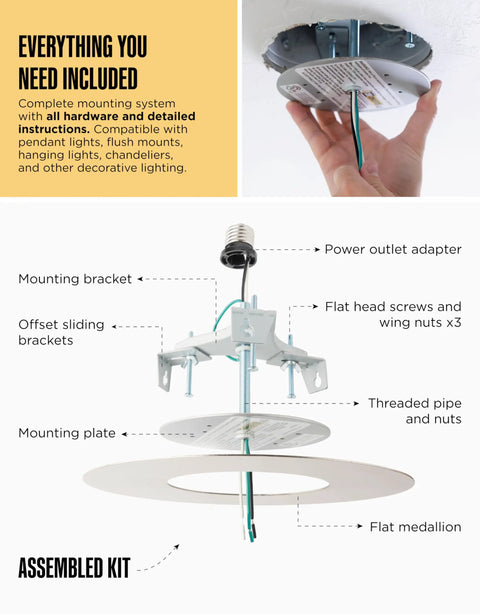 No Sweat Install Recessed Can Light Conversion Kit With 7 Inch Flat Steel Ceiling Medallion for 5 And 6 Inch Cans showing complete assembly parts.
