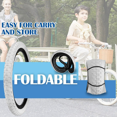 Two Pack Kids BMX Bike Tires 12.5 Inch By 2.125 Inch Replacement Set showing foldable design for easy carry and store