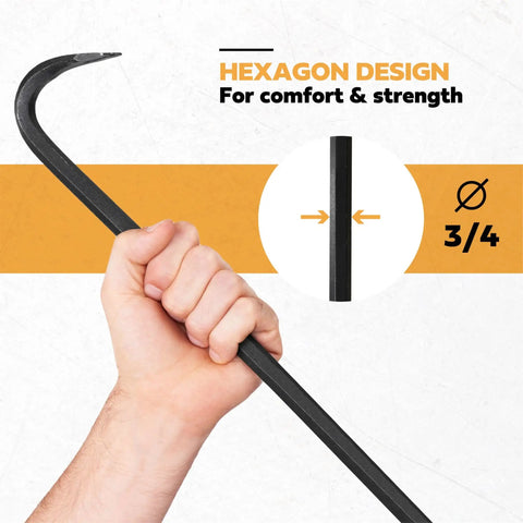Person holding 30 Inch Heavy Duty Wrecking Bar Pry Bar With Beveled Chisel End And Slotted Claw Forged Carbon Steel